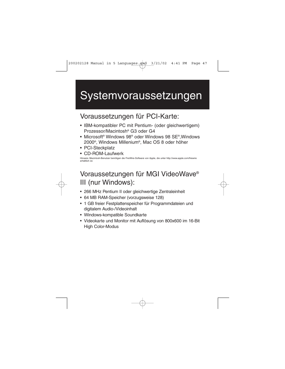 Systemvoraussetzungen, Voraussetzungen für pci-karte, Voraussetzungen für mgi videowave | Iii (nur windows) | Tripp Lite F200-003-R User Manual | Page 47 / 75