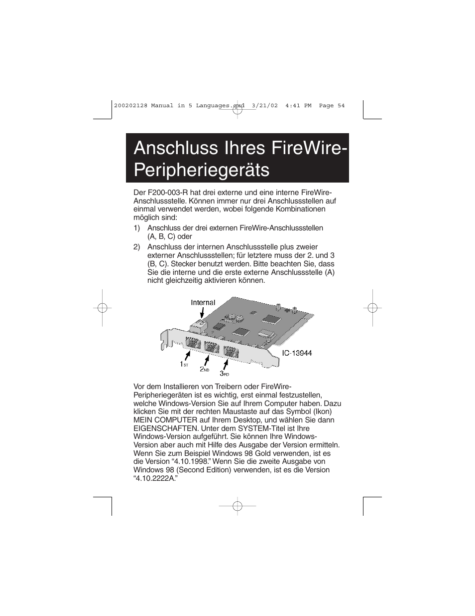 Anschluss ihres firewire- peripheriegeräts | Tripp Lite F200-003-R User Manual | Page 54 / 75
