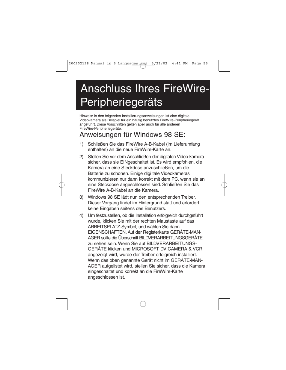 Anschluss ihres firewire- peripheriegeräts, Anweisungen für windows 98 se | Tripp Lite F200-003-R User Manual | Page 55 / 75