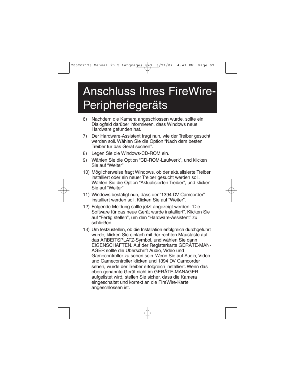 Anschluss ihres firewire- peripheriegeräts | Tripp Lite F200-003-R User Manual | Page 57 / 75