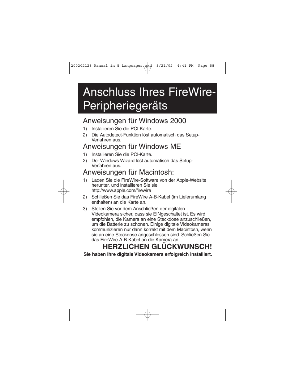 Anschluss ihres firewire- peripheriegeräts, Anweisungen für windows 2000, Anweisungen für windows me | Anweisungen für macintosh, Herzlichen glückwunsch | Tripp Lite F200-003-R User Manual | Page 58 / 75