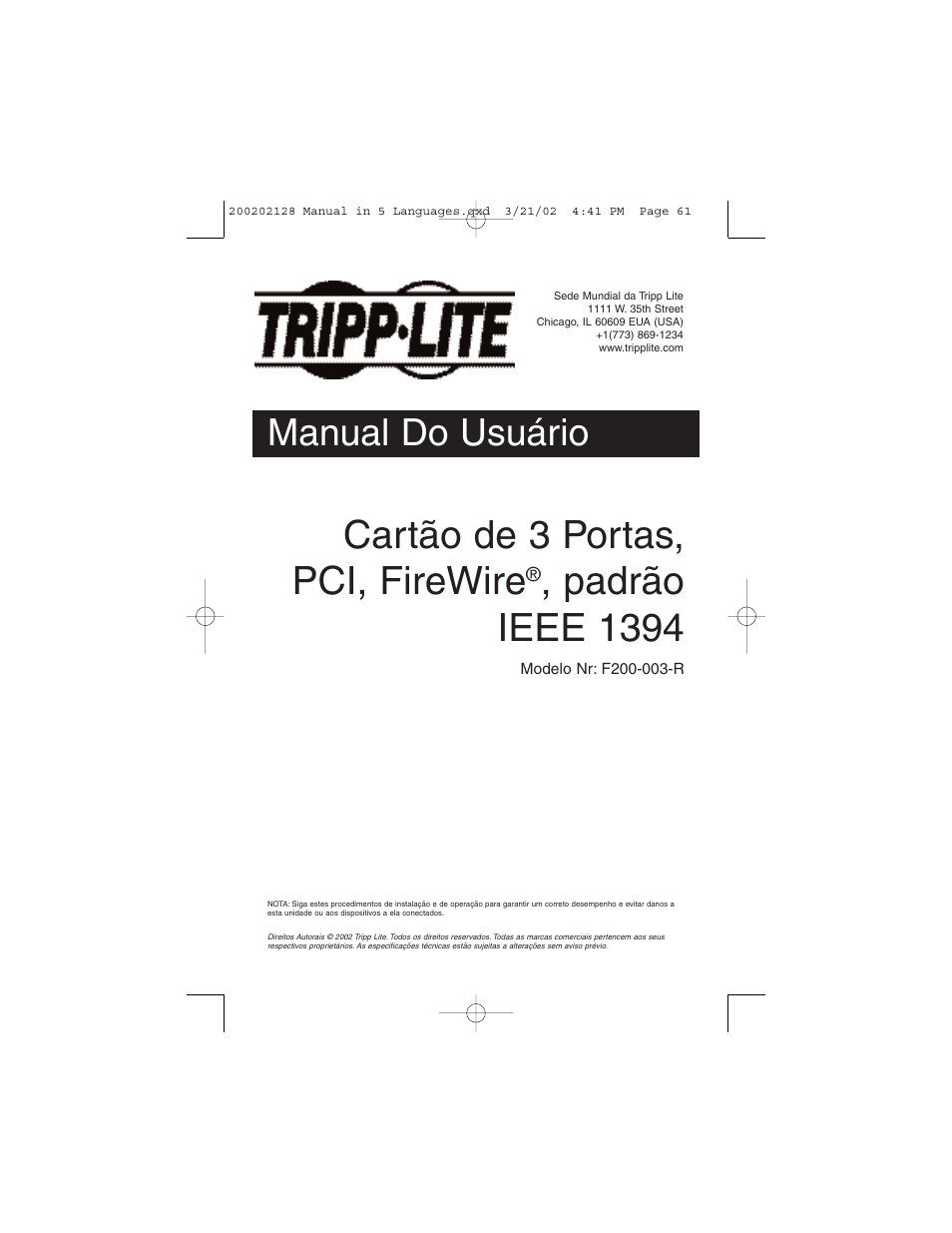 Cartão de 3 portas, pci, firewire, Padrão ieee 1394, Manual do usuário | Tripp Lite F200-003-R User Manual | Page 61 / 75