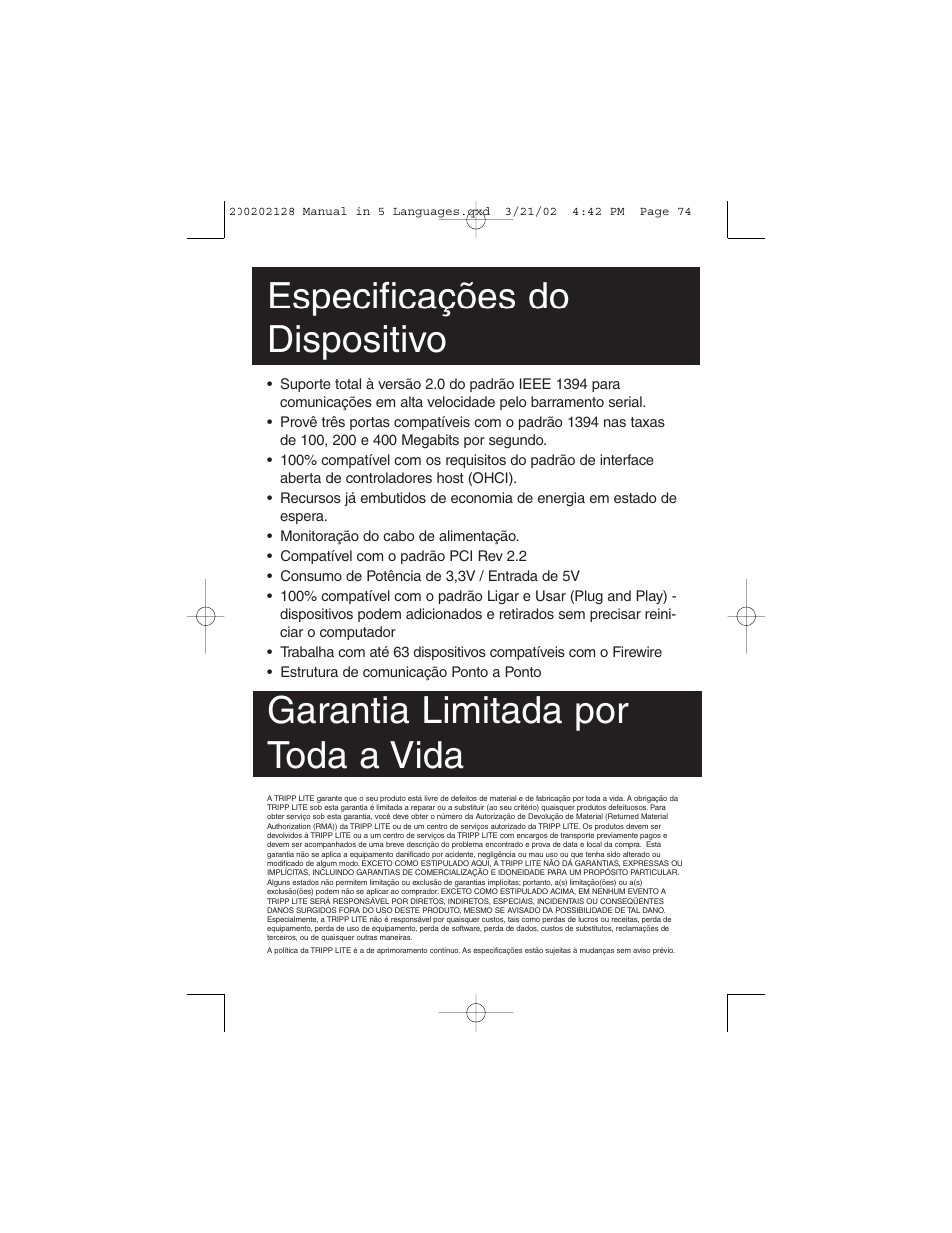 Especificações do dispositivo, Garantia limitada por toda a vida | Tripp Lite F200-003-R User Manual | Page 74 / 75