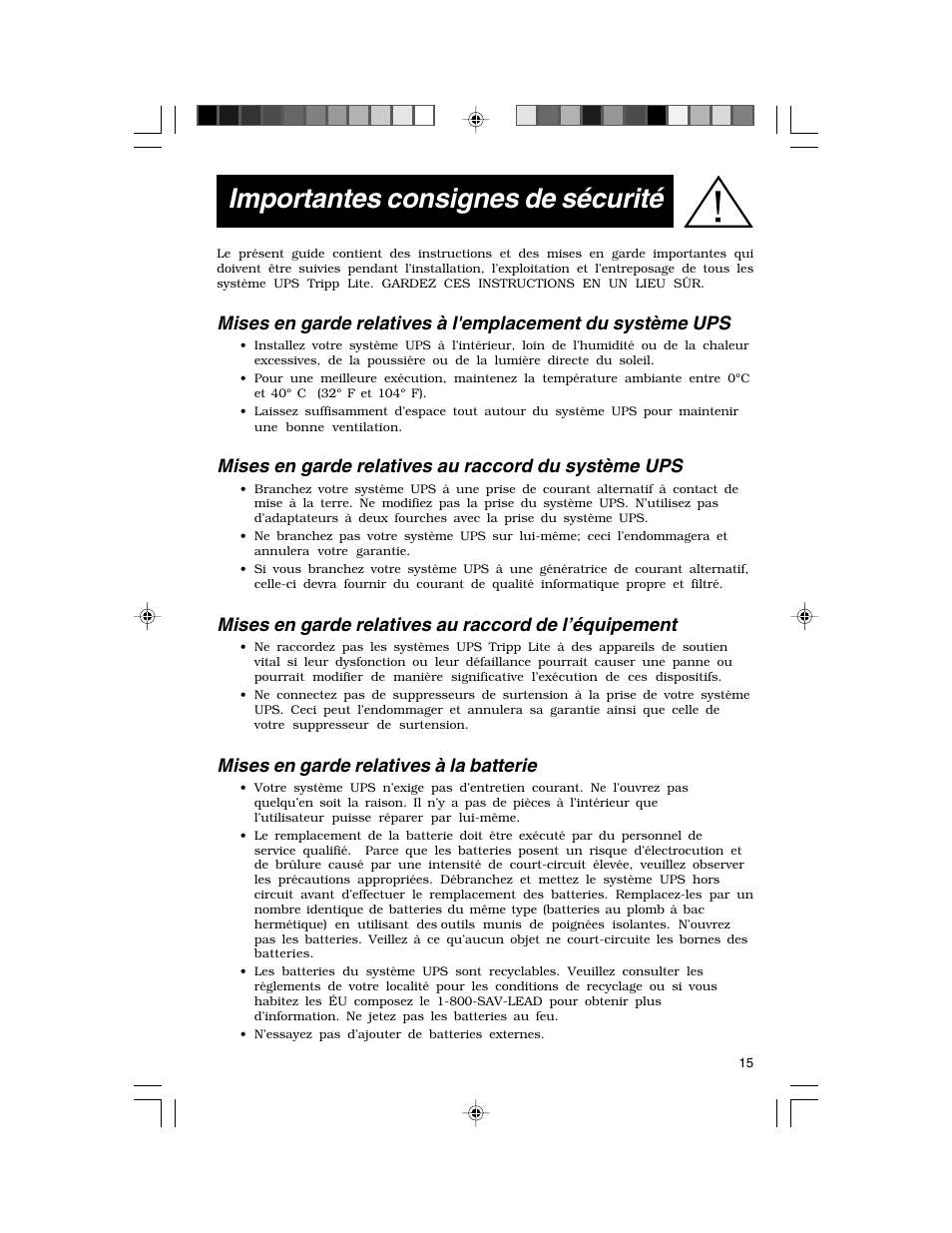 Importantes consignes de sécurité, Mises en garde relatives au raccord du système ups, Mises en garde relatives à la batterie | Tripp Lite TE Series User Manual | Page 15 / 20