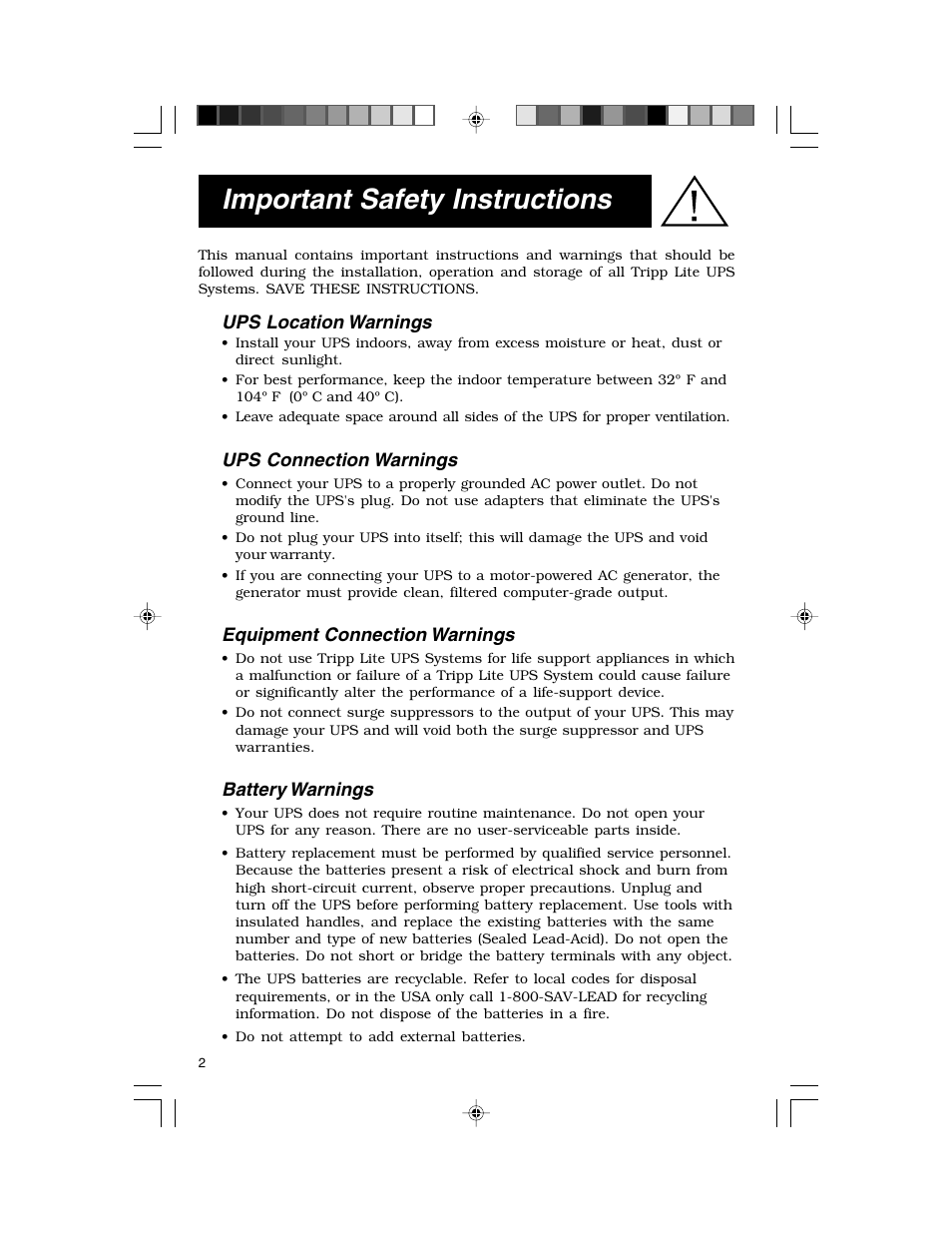 Important safety instructions, Ups location warnings, Ups connection warnings | Equipment connection warnings, Battery warnings | Tripp Lite TE Series User Manual | Page 2 / 20