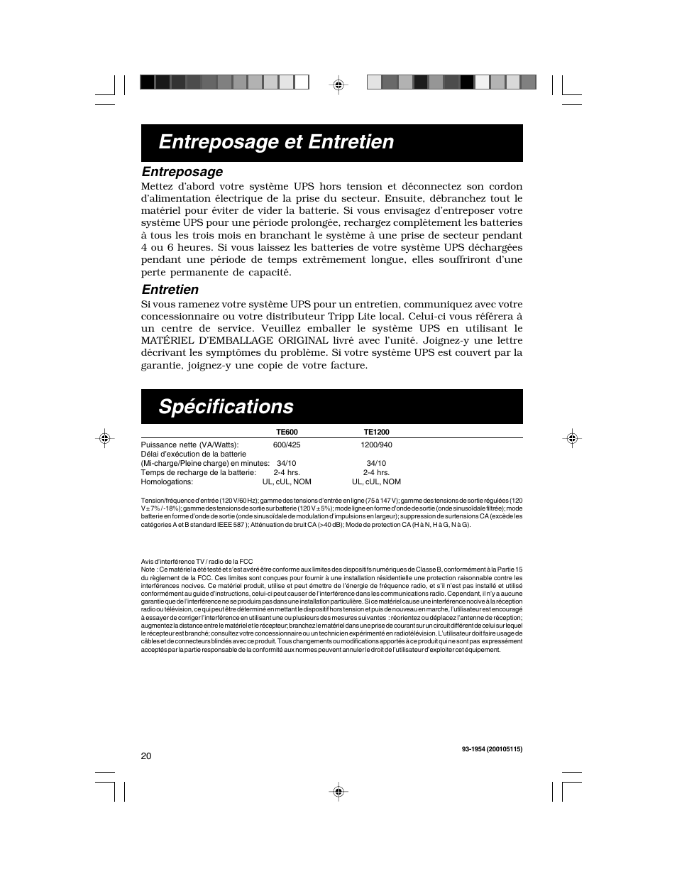 Entreposage et entretien, Spécifications, Entreposage | Entretien | Tripp Lite TE Series User Manual | Page 20 / 20