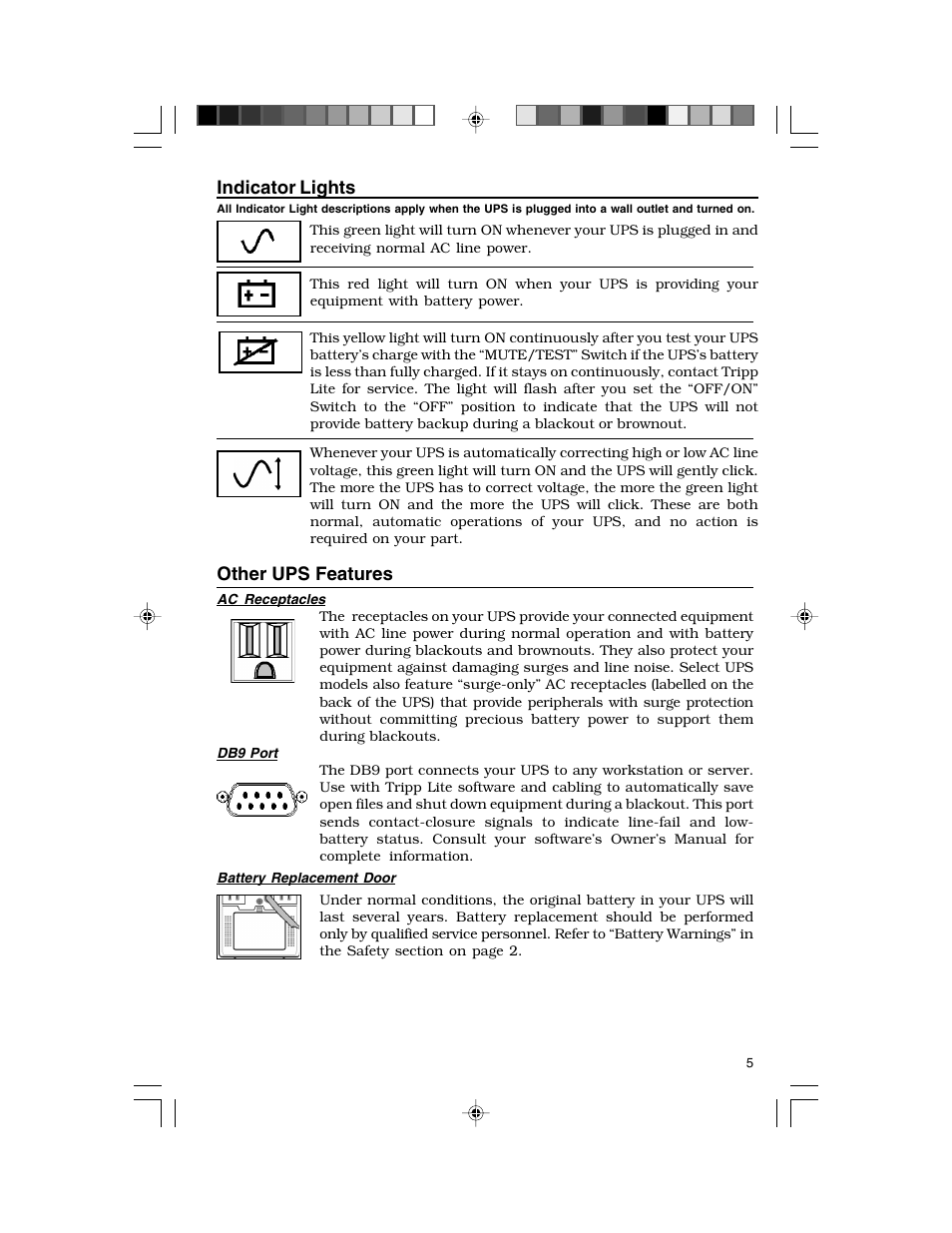 Indicator lights, Other ups features | Tripp Lite TE Series User Manual | Page 5 / 20