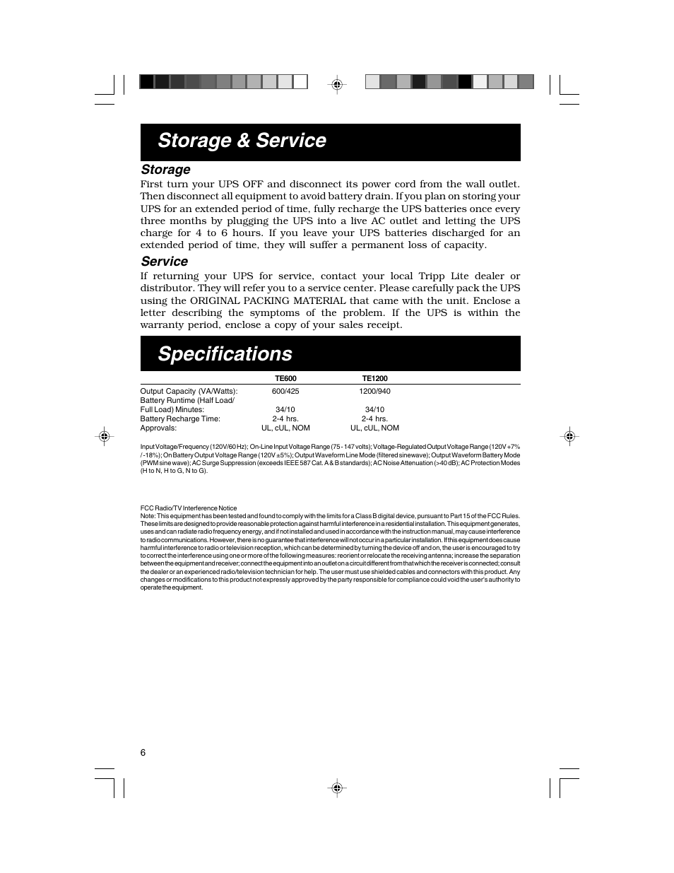 Storage & service, Specifications, Storage | Service | Tripp Lite TE Series User Manual | Page 6 / 20