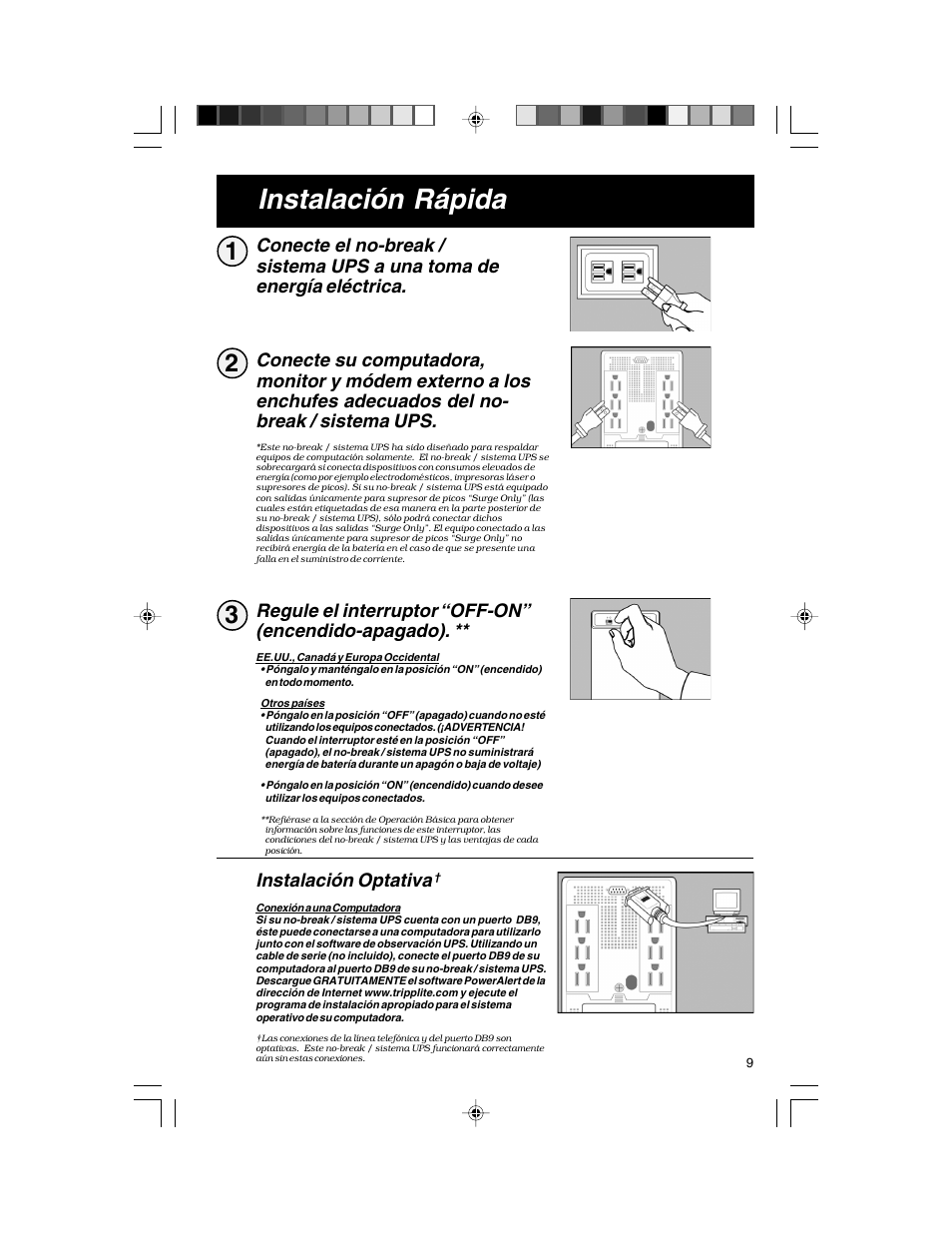 Instalación rápida, Regule el interruptor “off-on” (encendido-apagado), Instalación optativa | Tripp Lite TE Series User Manual | Page 9 / 20