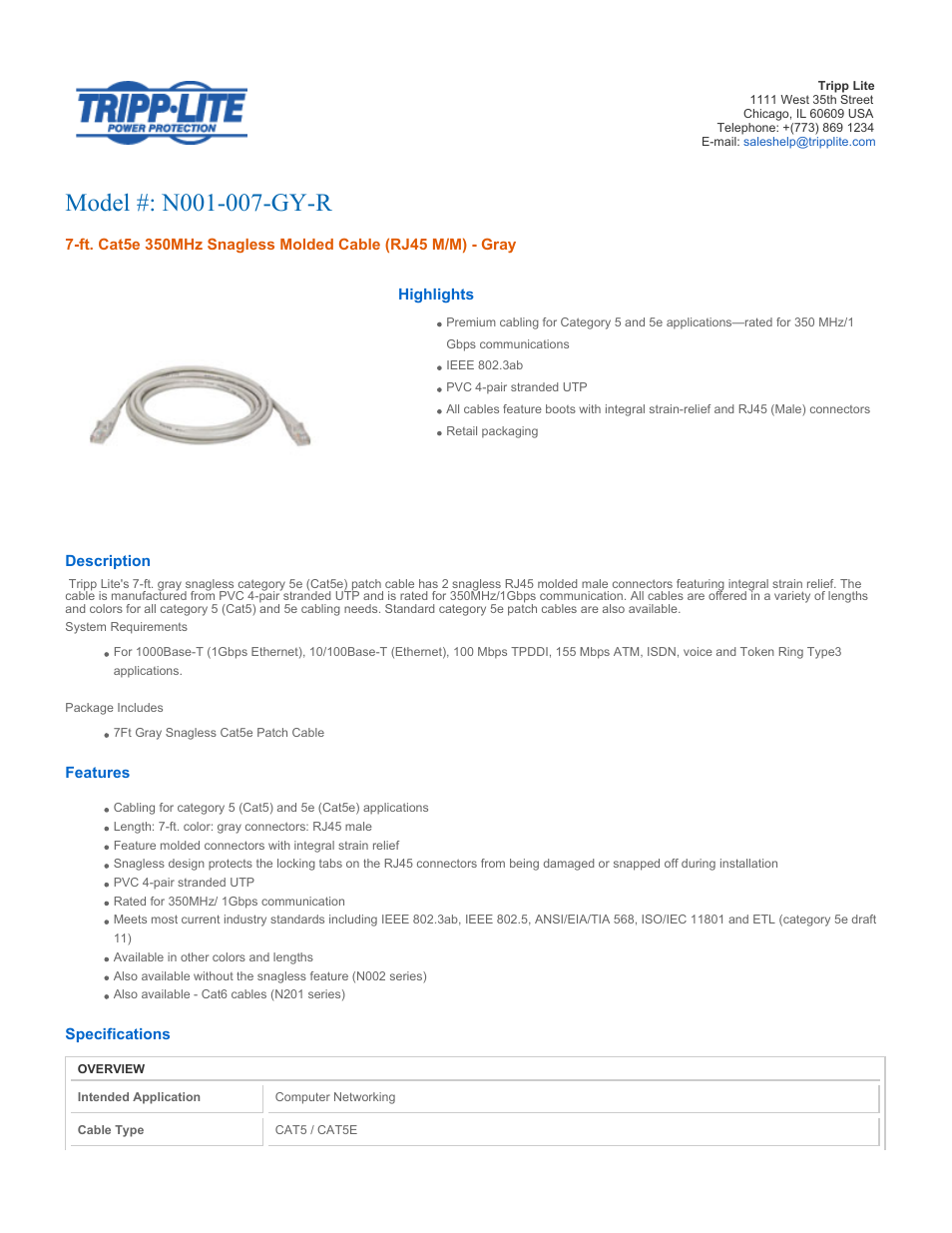 Tripp Lite N001-007-GY-R User Manual | 3 pages