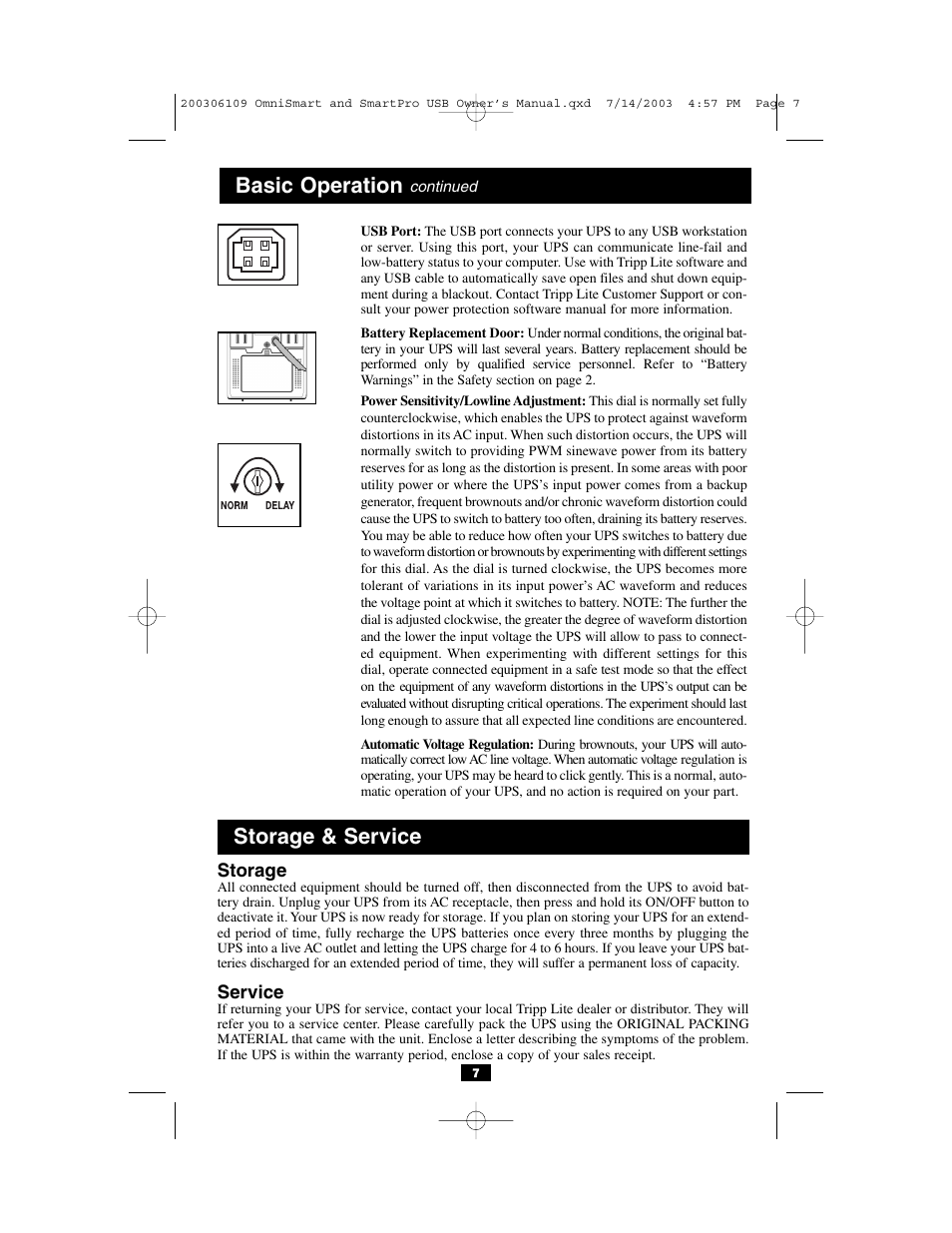 Storage & service, Basic operation | Tripp Lite OmniSmart & SmartPro USB User Manual | Page 7 / 9