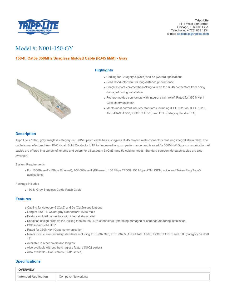 Tripp Lite N001-150-GY User Manual | 3 pages