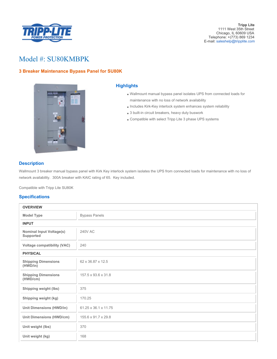 Tripp Lite 3 Breaker Maintenance Bypass Panel SU80KMBPK User Manual | 2 pages