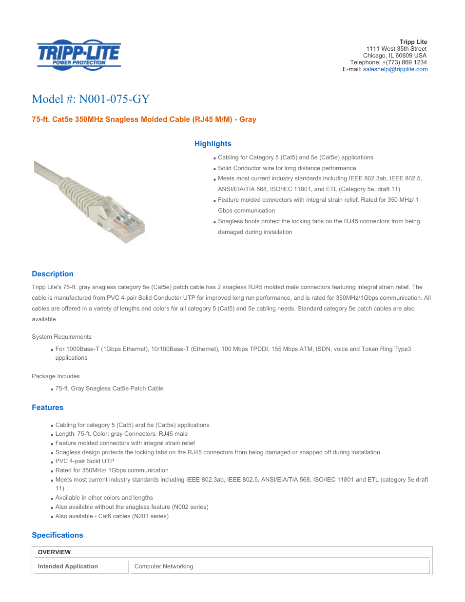 Tripp Lite N001-075-GY User Manual | 3 pages