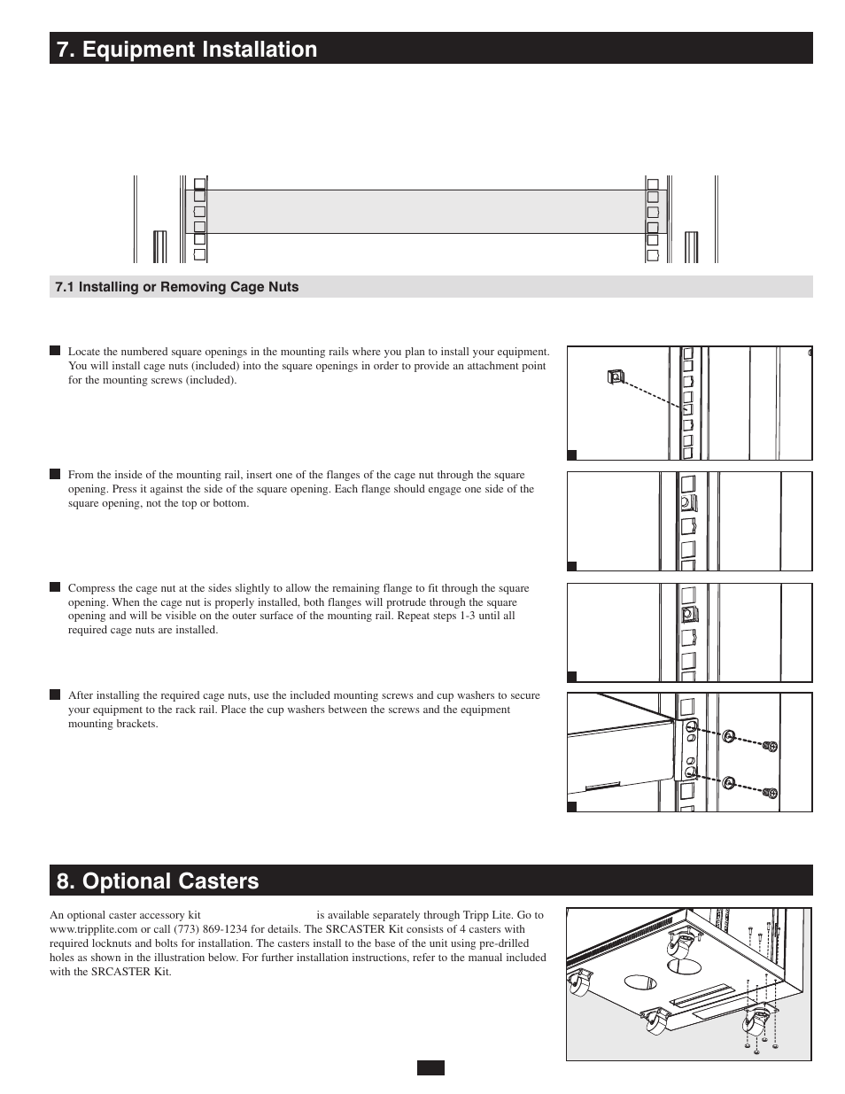 Equipment installation 8. optional casters, 1 rack unit, 1 installing or removing cage nuts | Tripp Lite 12U Wall-Mounted SmartRack Enclosure SRW12US User Manual | Page 7 / 8