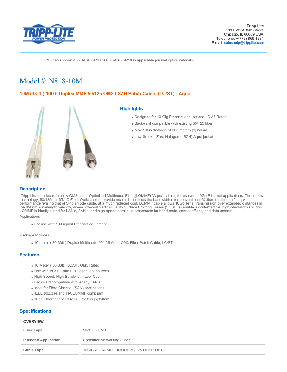 Tripp Lite Multimode Fiber Optics 10-meter N818-10M User Manual | 2 pages