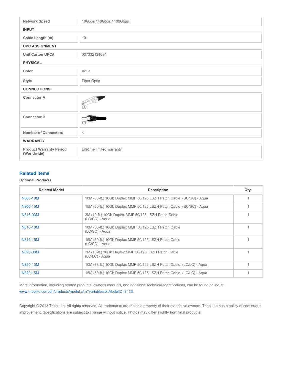 Tripp Lite Multimode Fiber Optics 10-meter N818-10M User Manual | Page 2 / 2