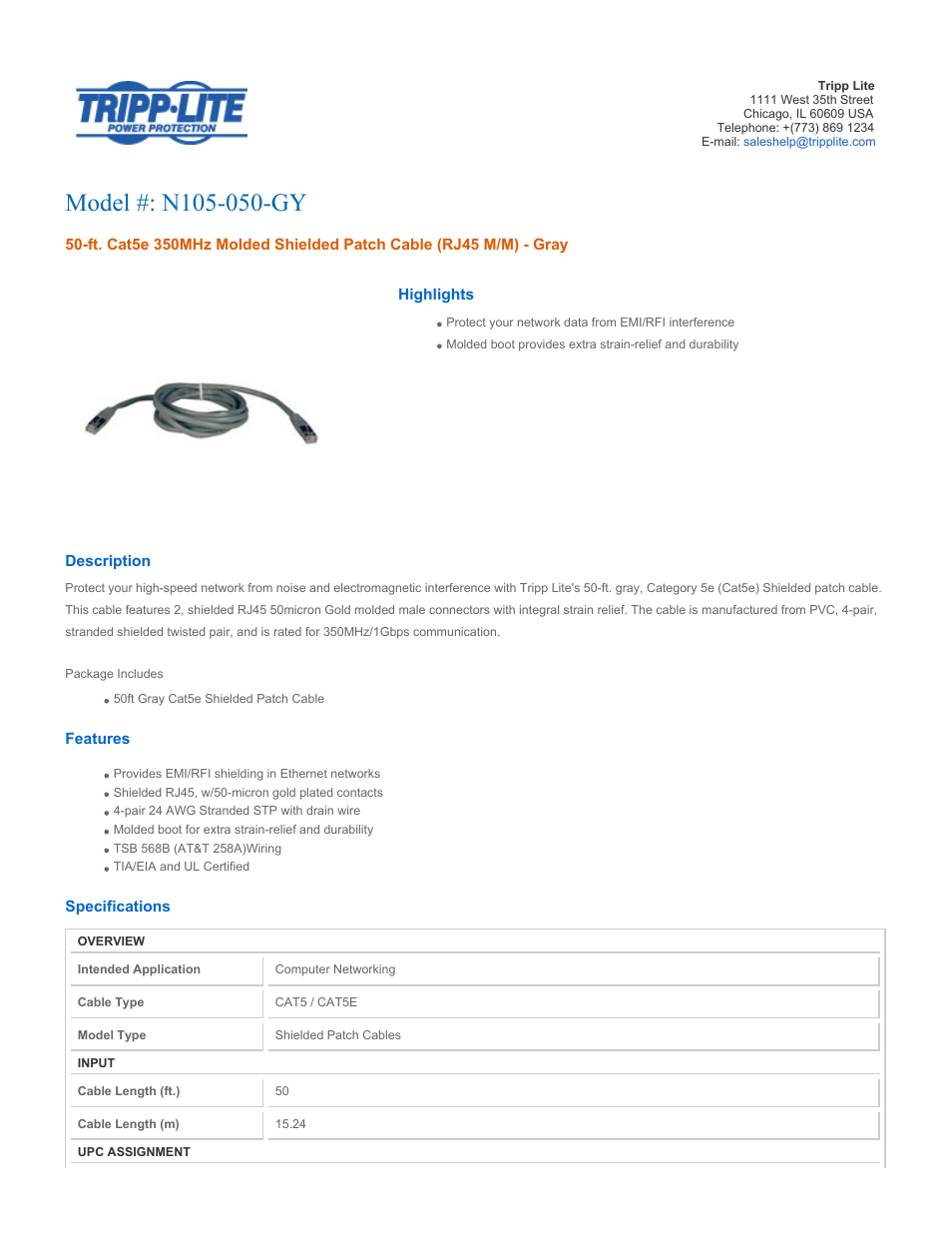 Tripp Lite N105-050-GY User Manual | 2 pages