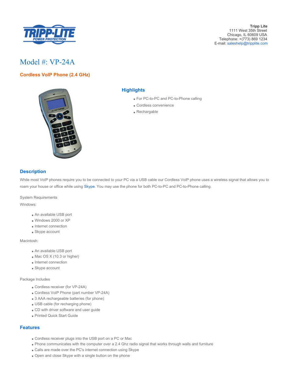 Tripp Lite VP-24A User Manual | 2 pages