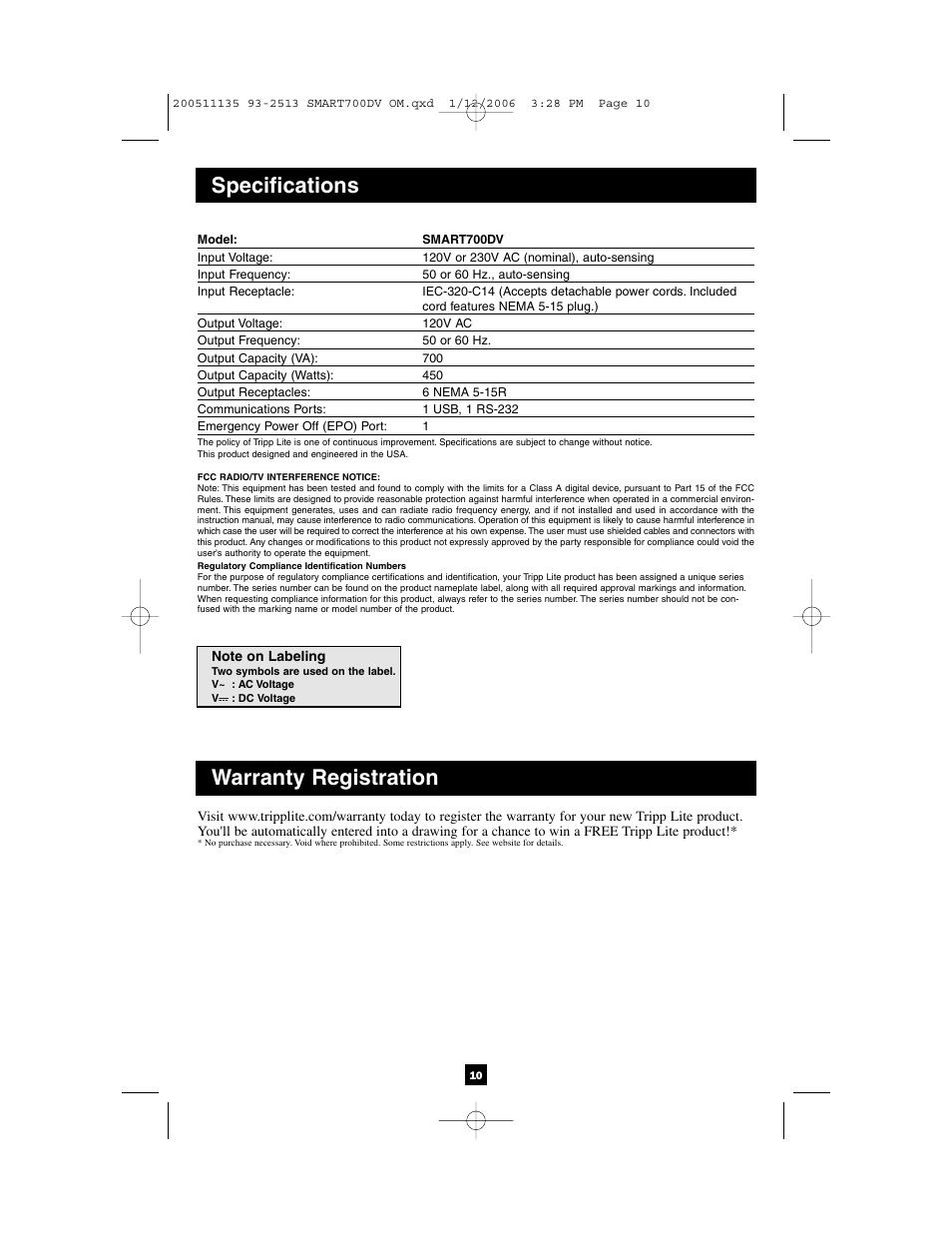 Specifications, Warranty registration | Tripp Lite 700DV User Manual | Page 10 / 12