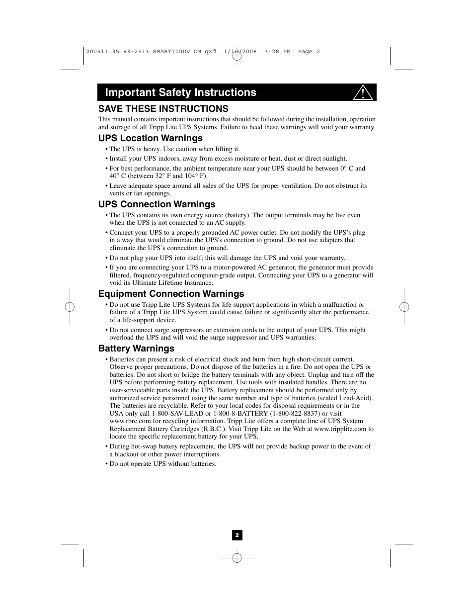 Important safety instructions | Tripp Lite 700DV User Manual | Page 2 / 12