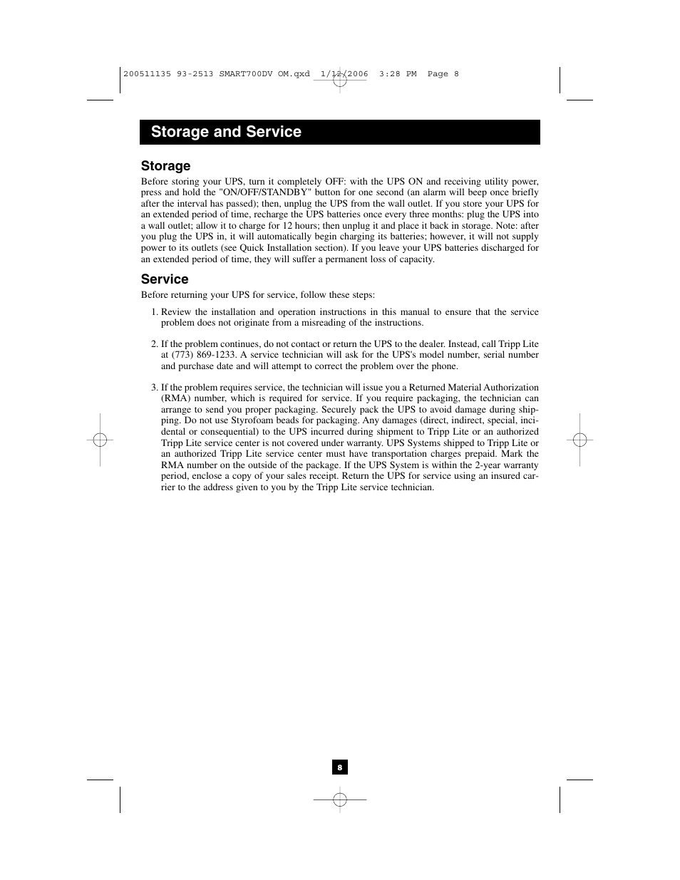 Storage and service | Tripp Lite 700DV User Manual | Page 8 / 12