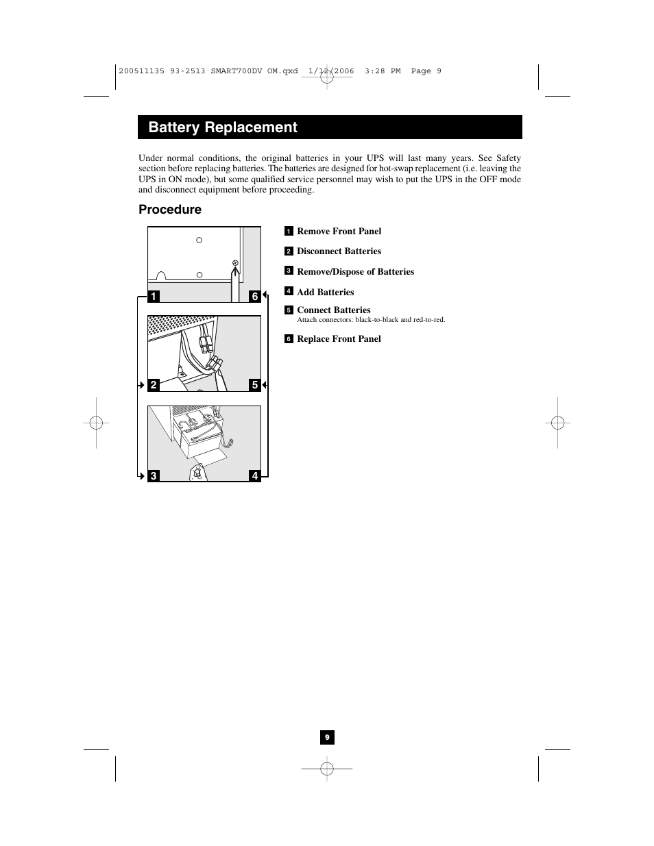 Battery replacement, Procedure | Tripp Lite 700DV User Manual | Page 9 / 12