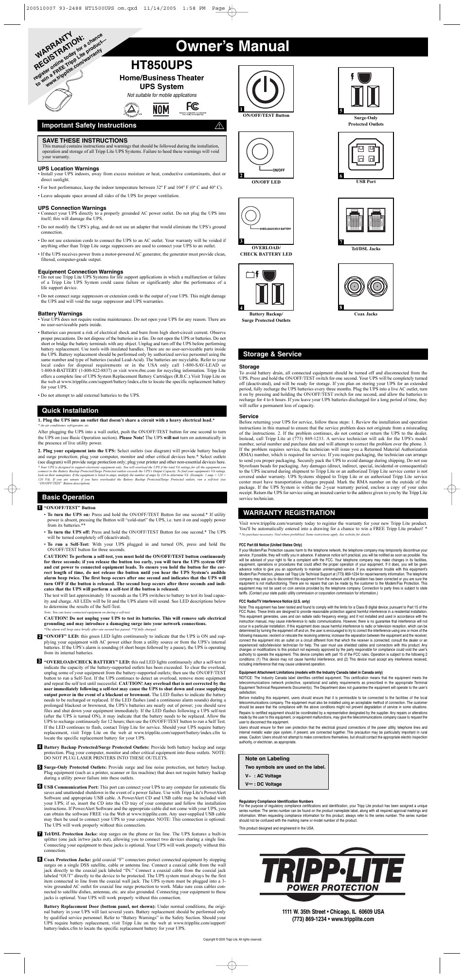 Tripp Lite HT850UPS User Manual | 3 pages