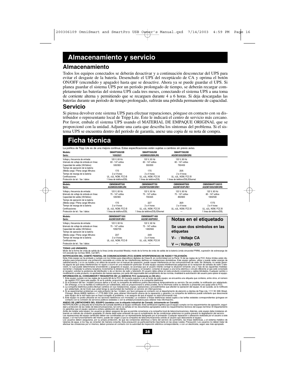 Ficha técnica, Almacenamiento y servicio, Almacenamiento | Servicio, Notas en el etiquetado | Tripp Lite OMNISMART UL1778 User Manual | Page 16 / 24