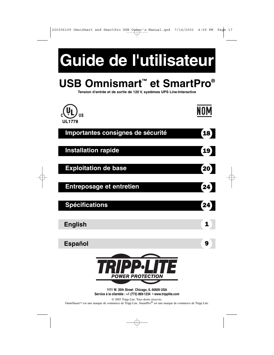 Guide de l'utilisateur, Usb omnismart, Et smartpro | Tripp Lite OMNISMART UL1778 User Manual | Page 17 / 24