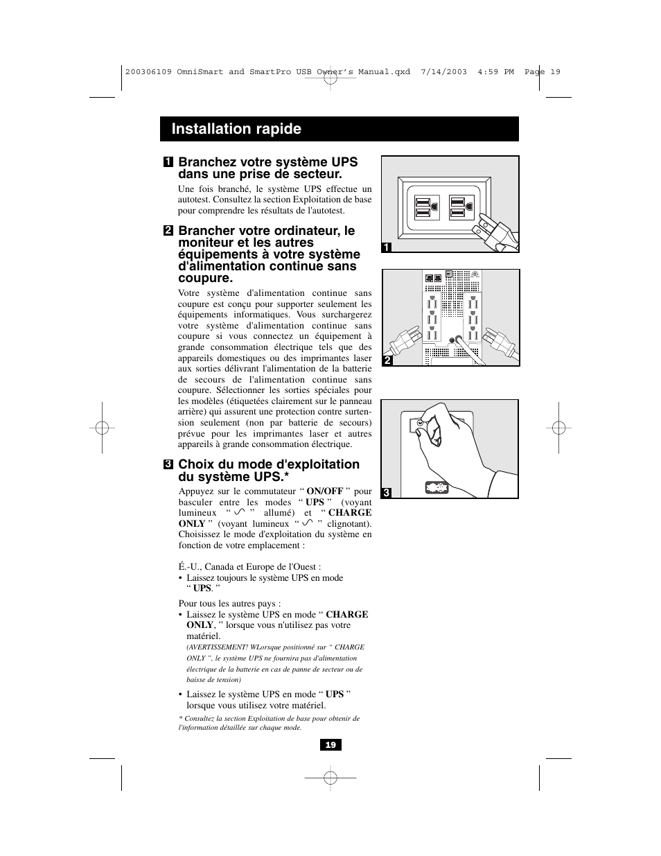 Installation rapide, Choix du mode d'exploitation du système ups | Tripp Lite OMNISMART UL1778 User Manual | Page 19 / 24