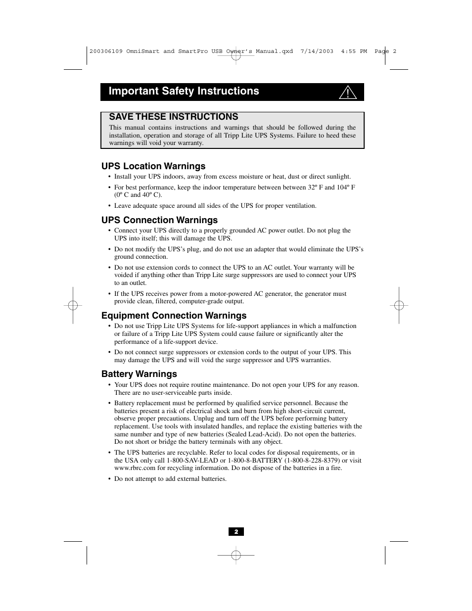 Important safety instructions | Tripp Lite OMNISMART UL1778 User Manual | Page 2 / 24