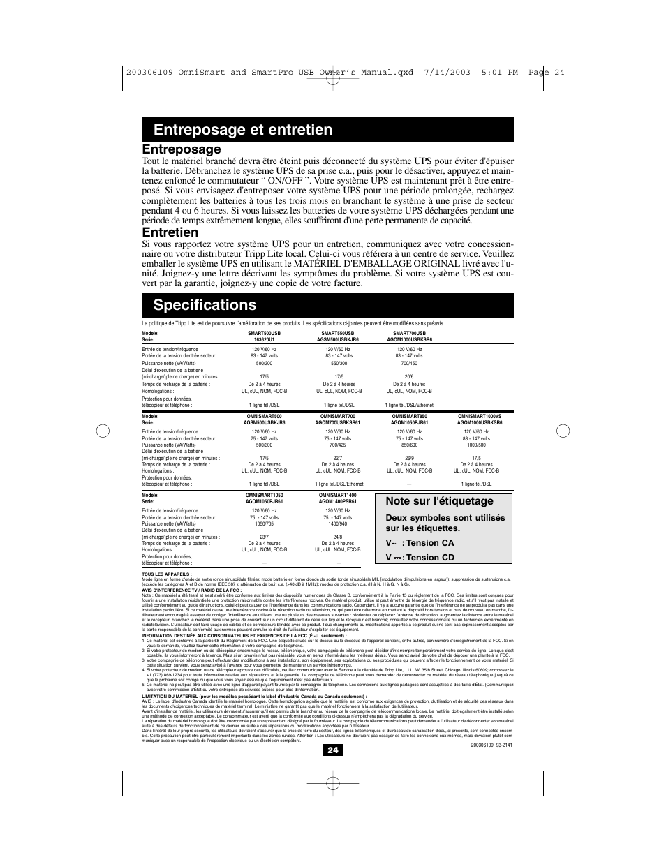 Specifications, Entreposage et entretien, Entreposage | Entretien | Tripp Lite OMNISMART UL1778 User Manual | Page 24 / 24