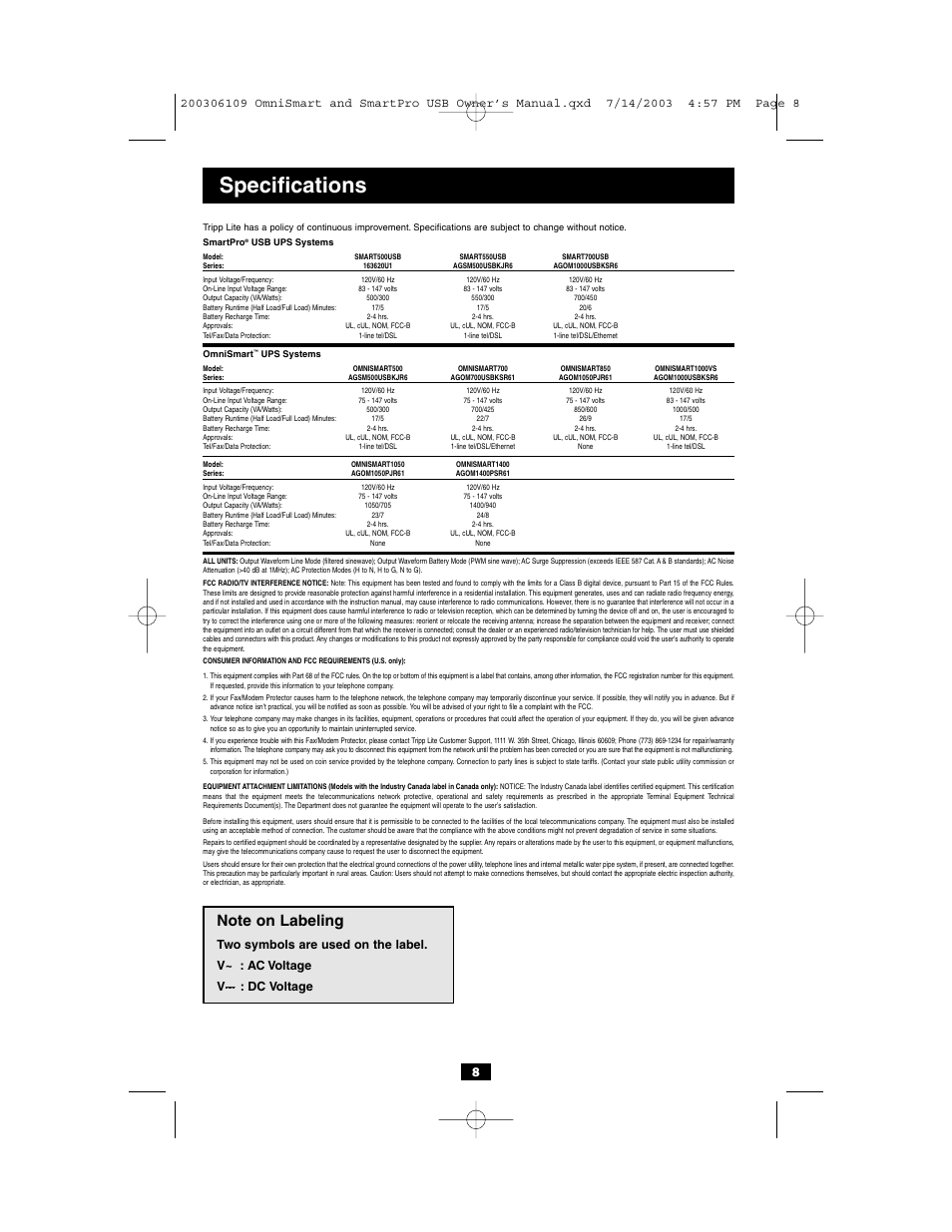 Specifications | Tripp Lite OMNISMART UL1778 User Manual | Page 8 / 24