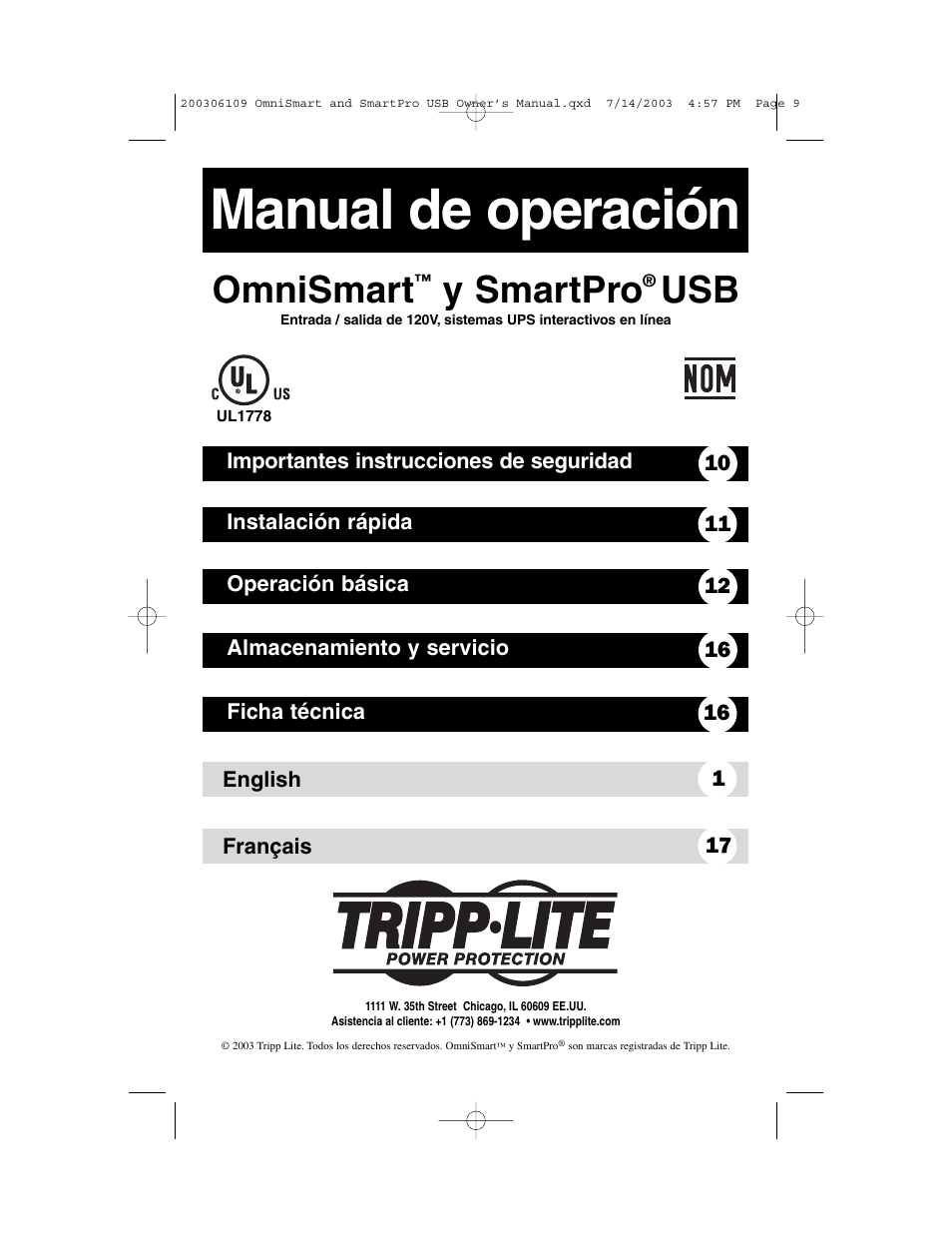 Manual de operación, Omnismart, Y smartpro | Tripp Lite OMNISMART UL1778 User Manual | Page 9 / 24