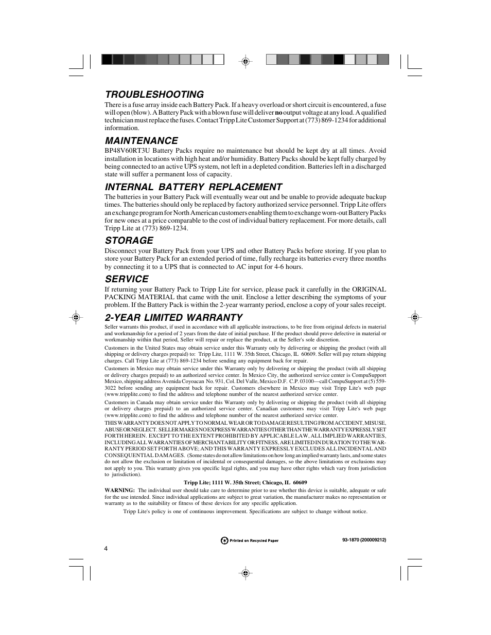 Troubleshooting, Maintenance, Internal battery replacement | Storage, Service, Year limited warranty | Tripp Lite BP48V60RT3U User Manual | Page 4 / 12