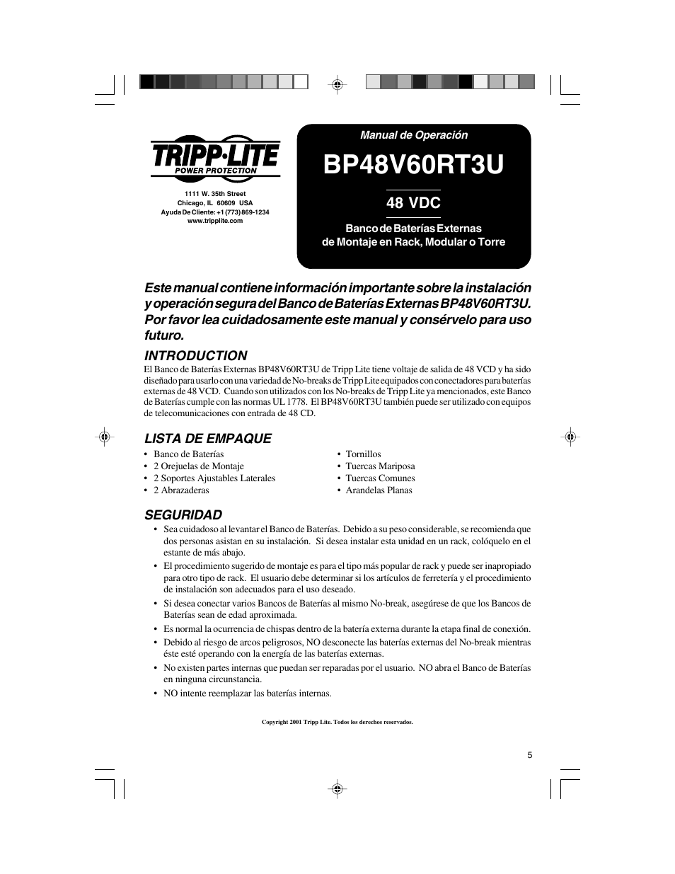48 vdc, Seguridad, Lista de empaque | Tripp Lite BP48V60RT3U User Manual | Page 5 / 12