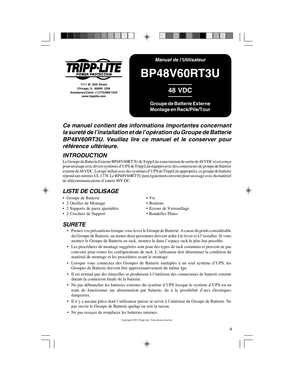 48 vdc, Surete, Liste de colisage | Tripp Lite BP48V60RT3U User Manual | Page 9 / 12