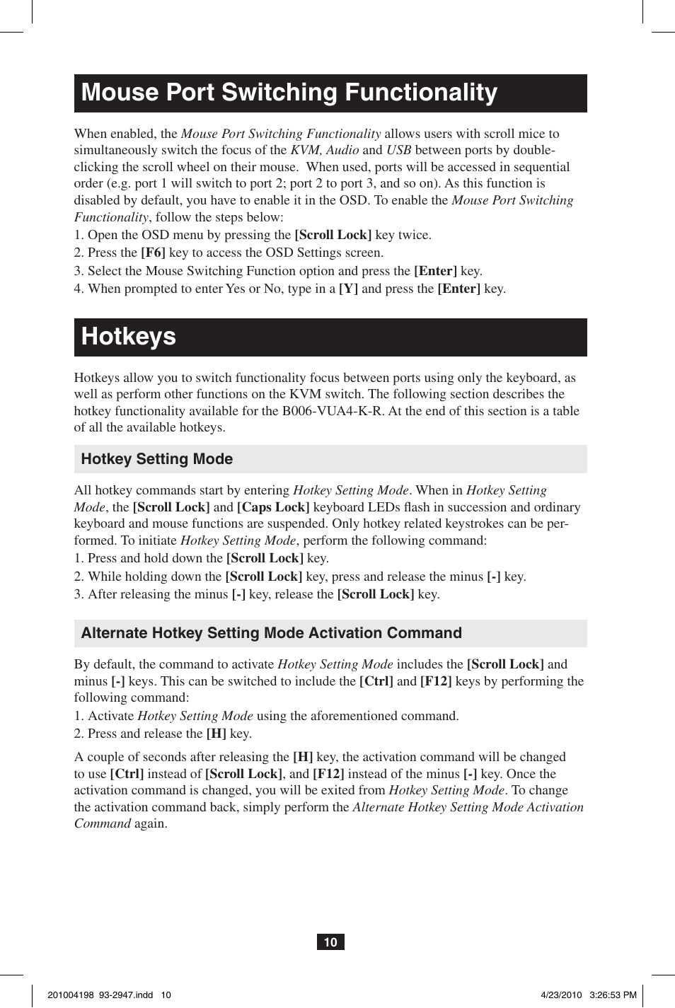 Mouse port switching functionality, Hotkeys | Tripp Lite PERIPHERAL SHARING B006-VUA4-K-R User Manual | Page 10 / 28