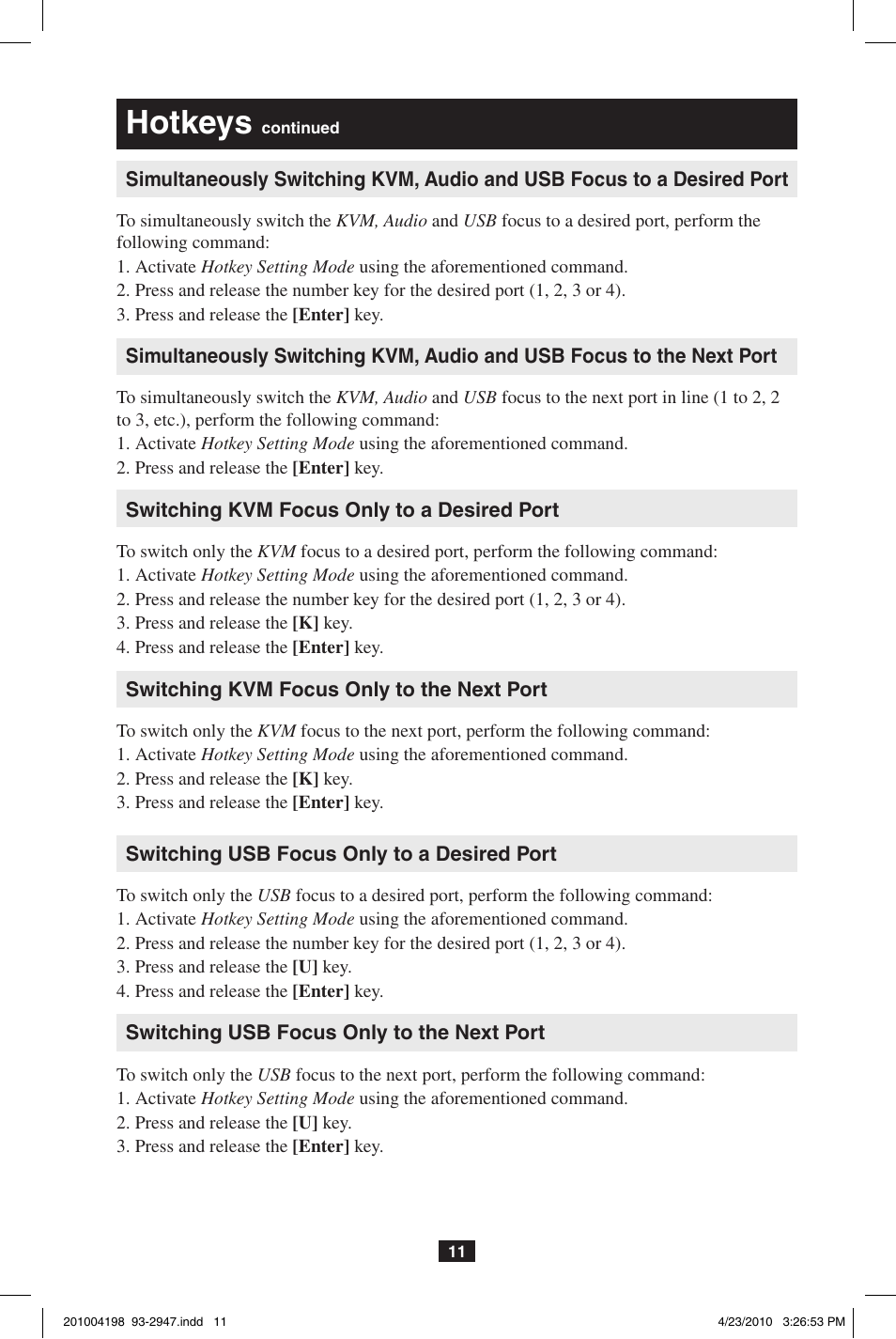 Hotkeys | Tripp Lite PERIPHERAL SHARING B006-VUA4-K-R User Manual | Page 11 / 28