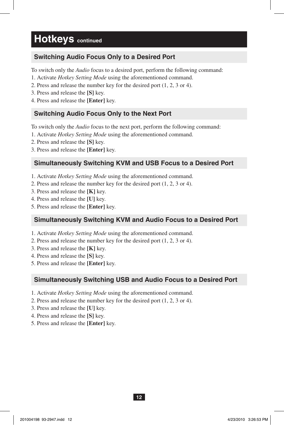 Hotkeys | Tripp Lite PERIPHERAL SHARING B006-VUA4-K-R User Manual | Page 12 / 28