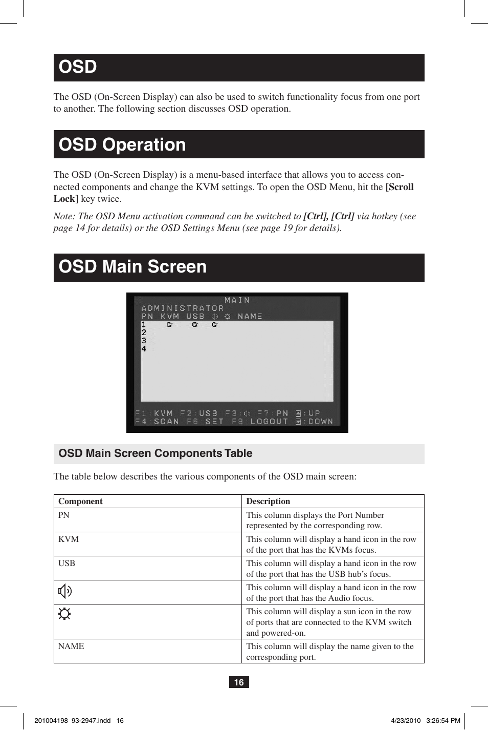 Osd operation, Osd main screen | Tripp Lite PERIPHERAL SHARING B006-VUA4-K-R User Manual | Page 16 / 28