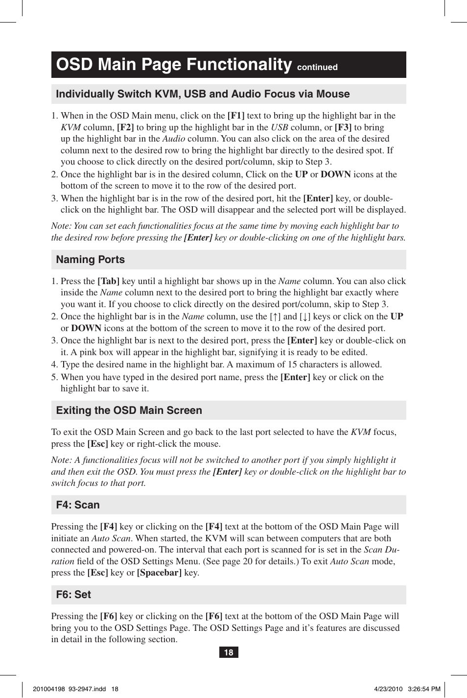 Osd main page functionality | Tripp Lite PERIPHERAL SHARING B006-VUA4-K-R User Manual | Page 18 / 28