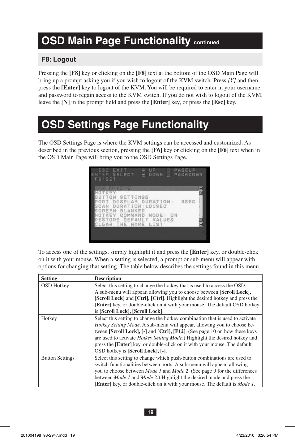 Osd main page functionality, Osd settings page functionality | Tripp Lite PERIPHERAL SHARING B006-VUA4-K-R User Manual | Page 19 / 28