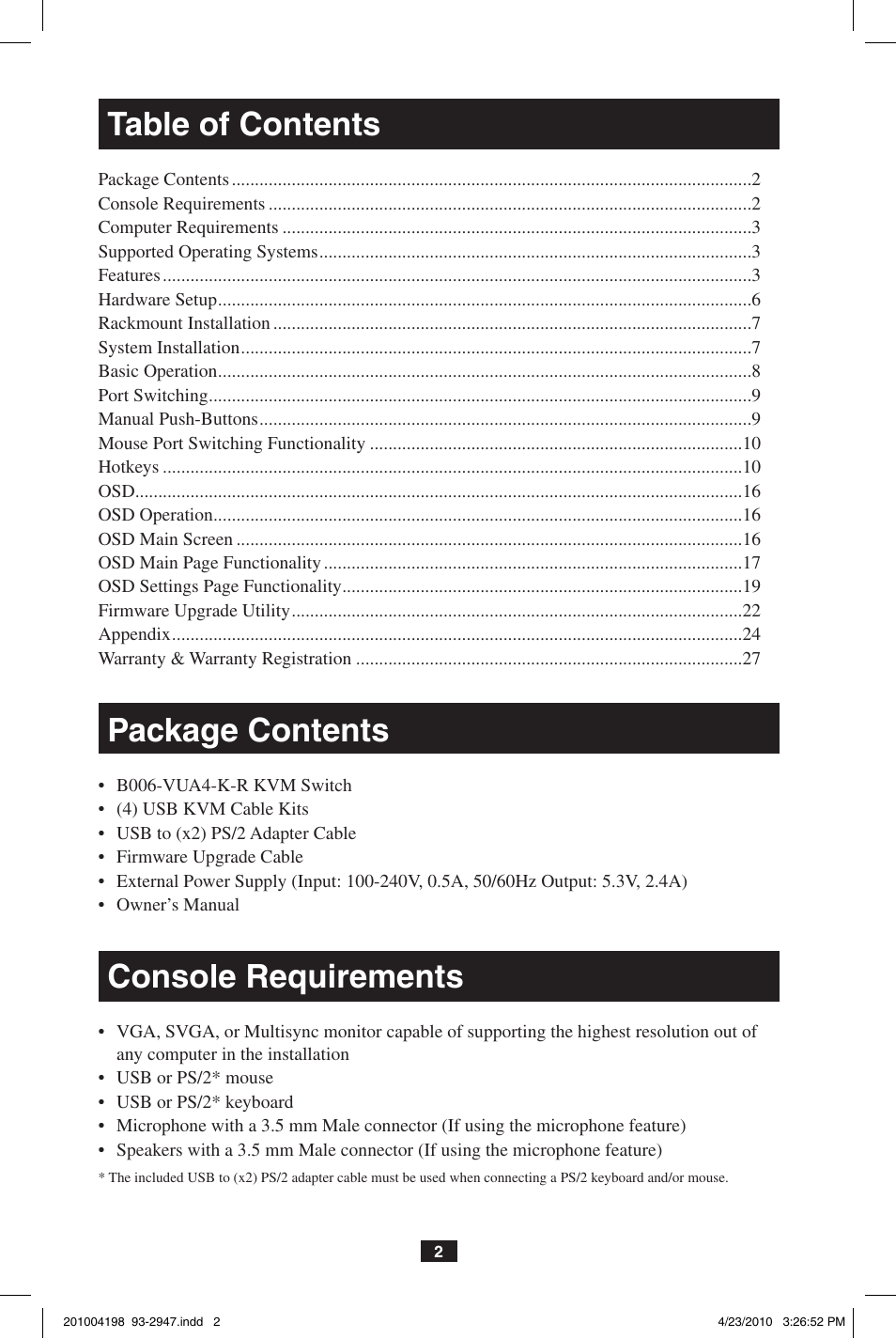 Tripp Lite PERIPHERAL SHARING B006-VUA4-K-R User Manual | Page 2 / 28