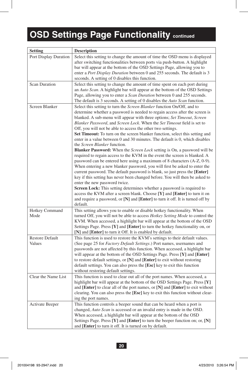 Osd settings page functionality | Tripp Lite PERIPHERAL SHARING B006-VUA4-K-R User Manual | Page 20 / 28