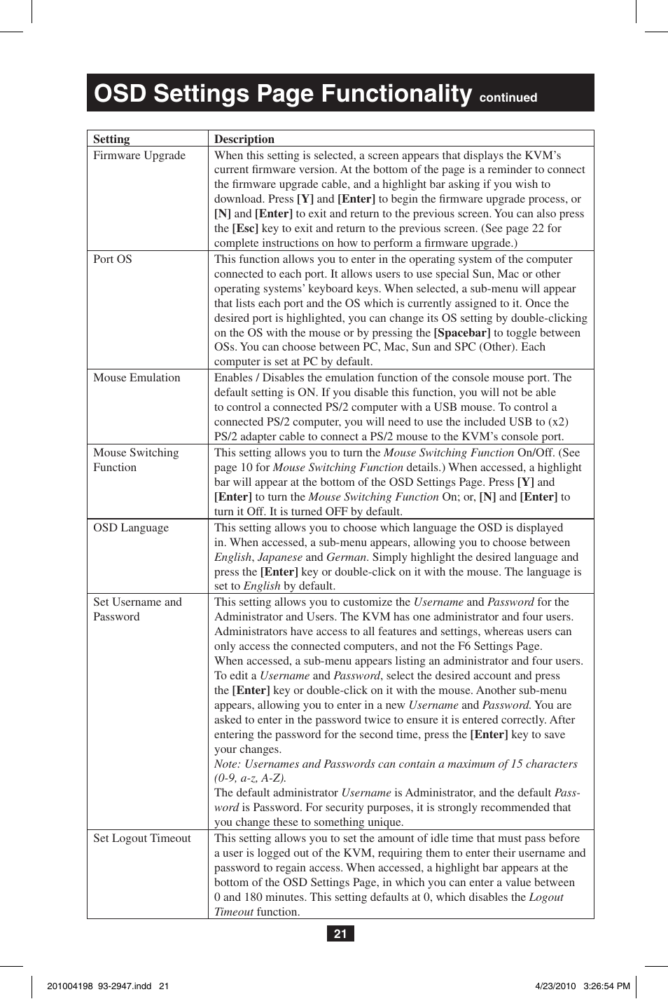 Osd settings page functionality | Tripp Lite PERIPHERAL SHARING B006-VUA4-K-R User Manual | Page 21 / 28