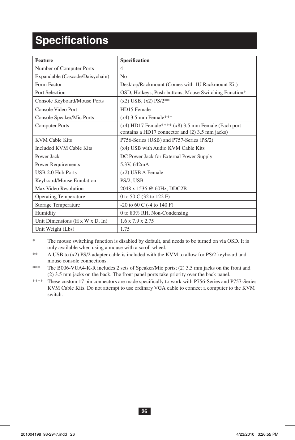 Specifications | Tripp Lite PERIPHERAL SHARING B006-VUA4-K-R User Manual | Page 26 / 28