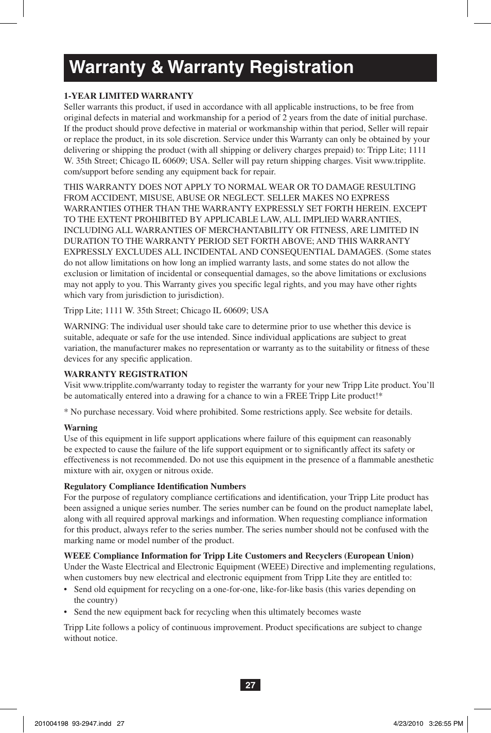 Warranty & warranty registration | Tripp Lite PERIPHERAL SHARING B006-VUA4-K-R User Manual | Page 27 / 28