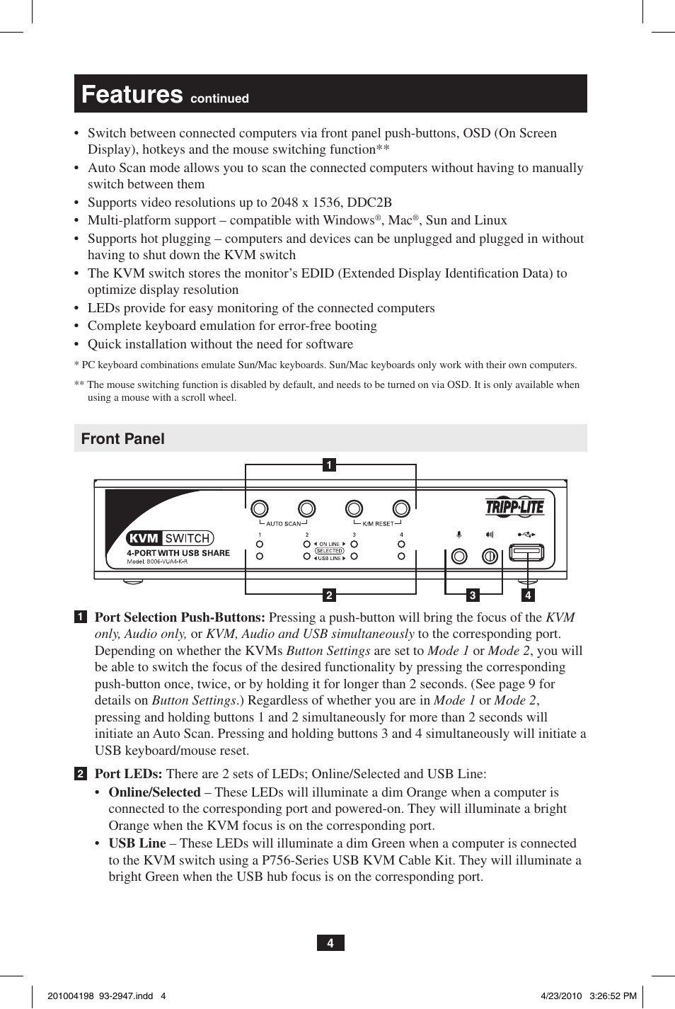 Features | Tripp Lite PERIPHERAL SHARING B006-VUA4-K-R User Manual | Page 4 / 28